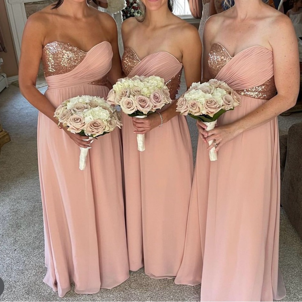 Marlene Joyce pink rose gold strapless bridesmaid dress